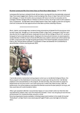 Drummer Lumanyano Mzi: Give Artists Visas; Let Them Share Global Spaces!